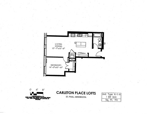 Floor plan for 1 bed, 1 bath